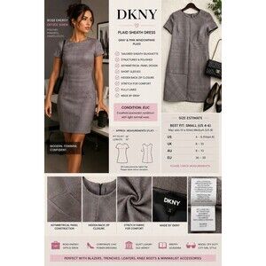 DKNY Plaid Mod Sheath Dress Pink Gray Office Siren Preppy Chic Stretch EUC